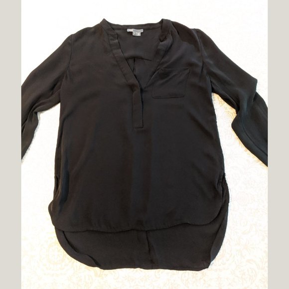 VINCE Black Rib Trim Half Placket Silk Popover Blouse Size 2 - Picture 3 of 13